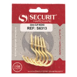 Securit Cup Hooks Brass 32mm 5 Pack