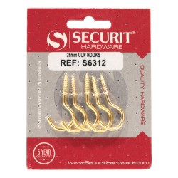 Securit Cup Hooks Brass 25mm 5 Pack