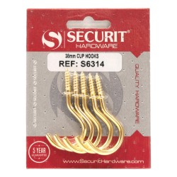 Securit Cup Hooks Brass 38mm 5 Pack