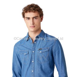 Wrangler Long Sleeve Denim Shirt Mid Stone Blue