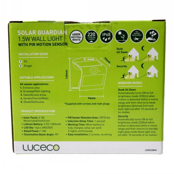 Luceco LED Solar Guardian Wall Light With PIR 1.5w - Image 3