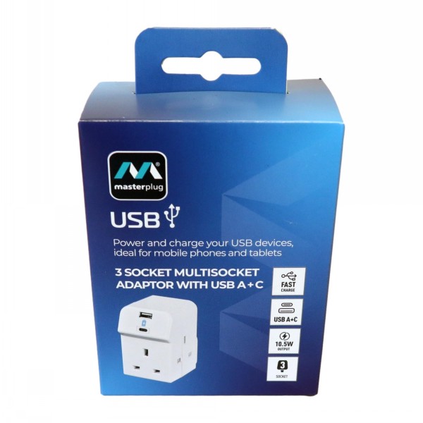 Masterplug 3 Socket Adaptor With USB A & C