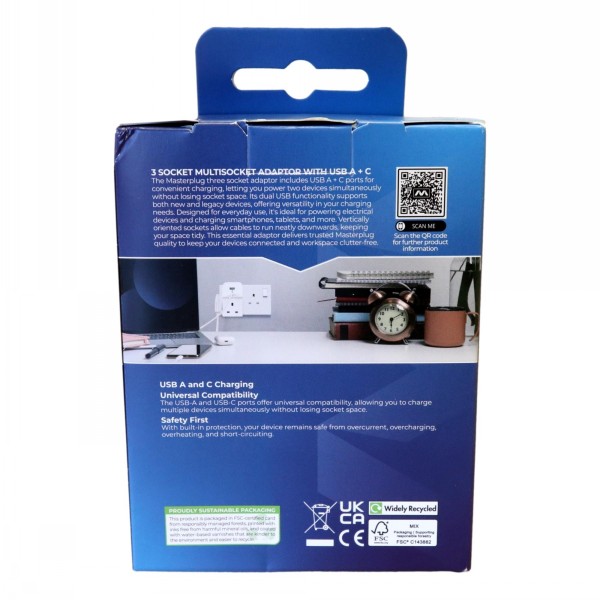 Masterplug 3 Socket Adaptor With USB A & C - Image 2
